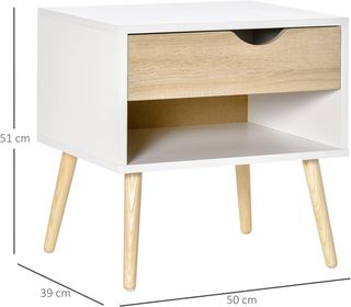 Juego De 2 Mesitas Modernas Con Cajón Y Estante, Base Elevada Y Patas De Madera, 50X39X51Cm, Blanco Y Roble