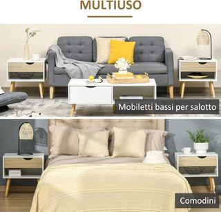 Juego De 2 Mesitas Modernas Con Cajón Y Estante, Base Elevada Y Patas De Madera, 50X39X51Cm, Blanco Y Roble