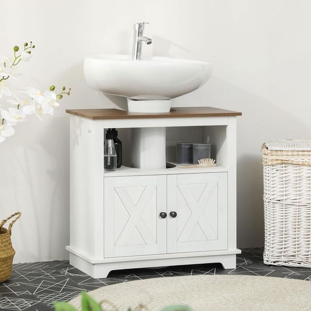 Mueble de Baño Bajo Lavabo con Armario de 2 Puertas y Estante Abierto, Mueble de Baño en Aglomerado, para Lavabos Con o Sin Columna, 60X30X60 Cm, Blanco y Color Nogal