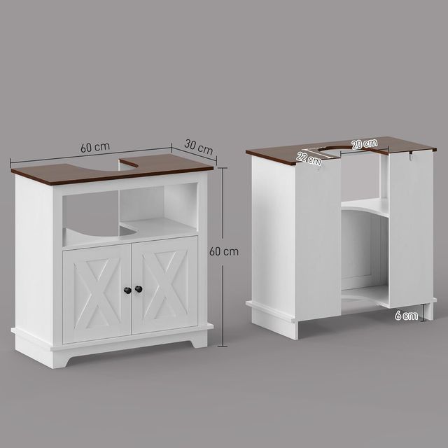 Mueble de Baño Bajo Lavabo con Armario de 2 Puertas y Estante Abierto, Mueble de Baño en Aglomerado, para Lavabos Con o Sin Columna, 60X30X60 Cm, Blanco y Color Nogal