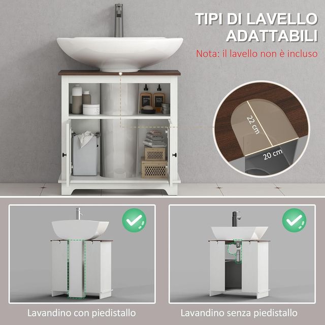 Mueble de Baño Bajo Lavabo con Armario de 2 Puertas y Estante Abierto, Mueble de Baño en Aglomerado, para Lavabos Con o Sin Columna, 60X30X60 Cm, Blanco y Color Nogal