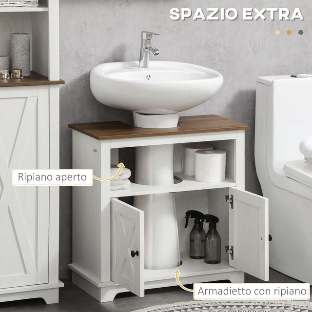 Mueble de Baño Bajo Lavabo con Armario de 2 Puertas y Estante Abierto, Mueble de Baño en Aglomerado, para Lavabos Con o Sin Columna, 60X30X60 Cm, Blanco y Color Nogal