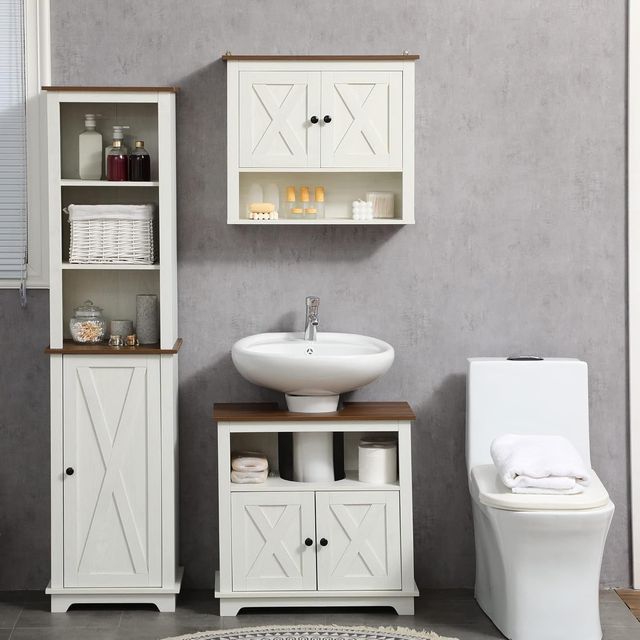 Mueble de Baño Bajo Lavabo con Armario de 2 Puertas y Estante Abierto, Mueble de Baño en Aglomerado, para Lavabos Con o Sin Columna, 60X30X60 Cm, Blanco y Color Nogal