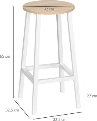 Conjunto de 2 Taburetes de Bar de Madera y Acero, Taburetes de Cocina con Reposapiés para Sala de Estar, Comedor, Cocina y Bar, Estilo Industrial, 32.5X32.5X65 Cm, Blanco y Color Madera