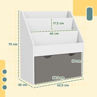 Librería para Niños de 3-8 Años con 3 Estantes y Cajón Inferior, Estante para Juguetes de Madera MDF, 62.5X30X70 Cm, Blanco y Gris