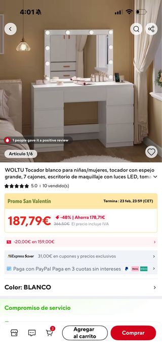 Tocador WOLTU blanco 7 cajones espejo LED