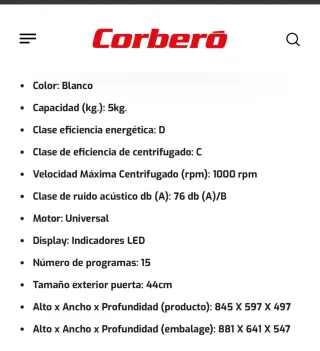 Lavadora Corberó CLAS018W A++