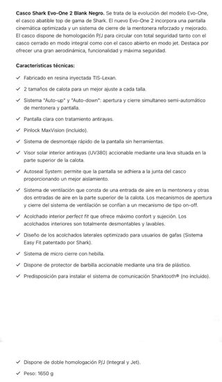 Casco modular Moto Shark Evo One2 black talla XS