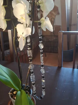 Collar Largo Mujer Negro y Plateado