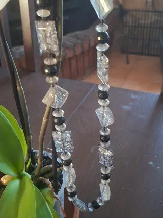 Collar Largo Mujer Negro y Plateado