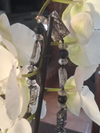 Collar Largo Mujer Negro y Plateado