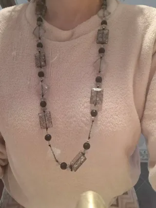 Collar Largo Mujer Negro y Plateado