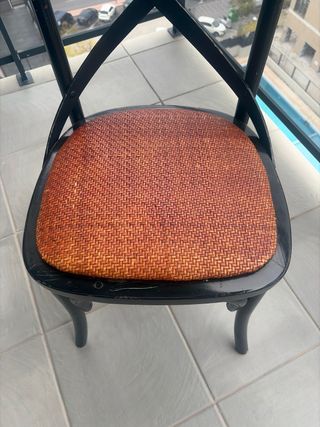 3 Sillas Negras Madera Asiento Ratán