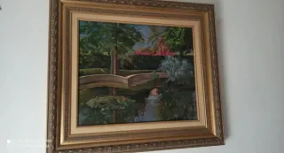 Cuadro paisaje puente y estanque