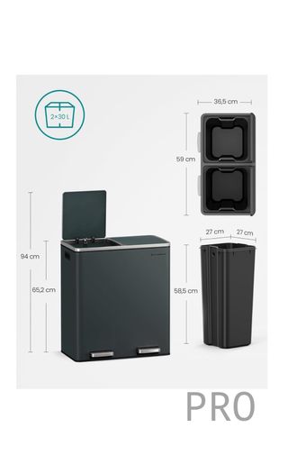 Cubo de Basura, 2 x 30 L, 2 Cubos, Reciclaje, Pedal de Metal