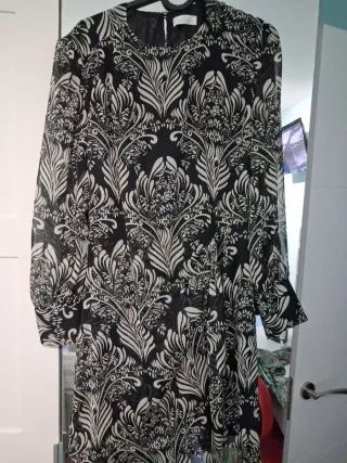 Vestido gasa estampado negro y beige