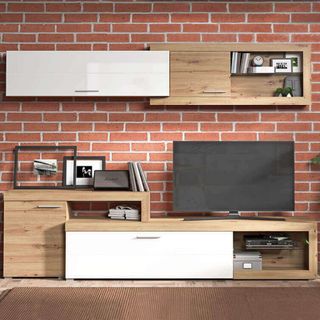 Parete Attrezzata TV Rovere Bianco Laccato Moderna