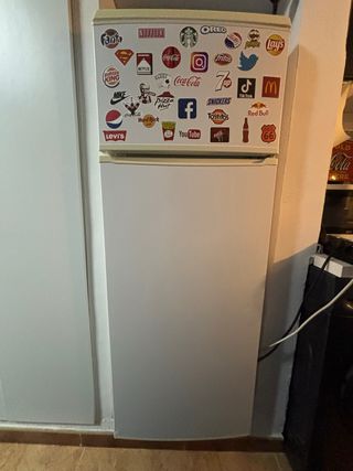 Nevera con pegatinas de marcas