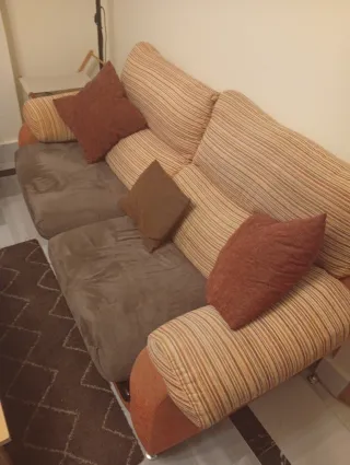 Sofá 3+2 plazas tela marrón y naranja