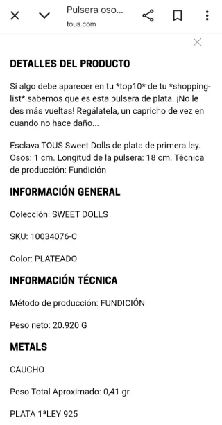 Brazalete Tous Oso Plata