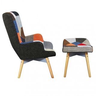 Poltrona con Poggiapiedi Patchwork Tessuto Legno