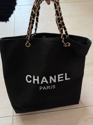 Borsa tote Chanel cotone nero e oro