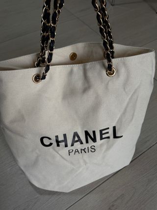 Borsa tote Chanel in cotone beige e nero