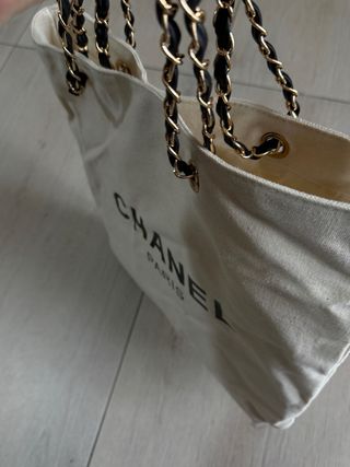 Borsa tote Chanel in cotone beige e nero