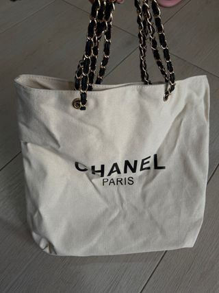 Borsa tote Chanel in cotone beige e nero
