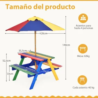 Tavolo da Picnic per Bambini in Legno Multicolore