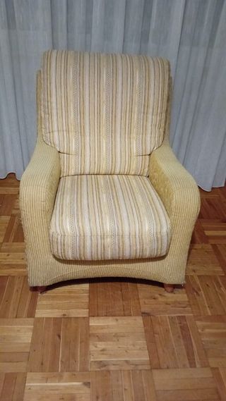 Sillón individual tela rayas beige y amarillo