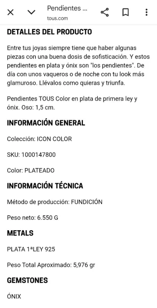 Pendientes Tous Plata y Onix Oso