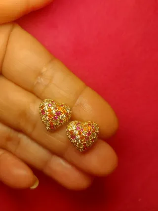 Pendientes Corazón Brillantes Dorados y Rosas