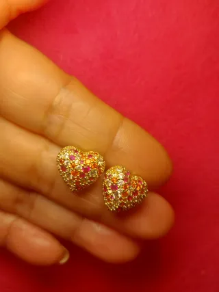 Pendientes Corazón Brillantes Dorados y Rosas