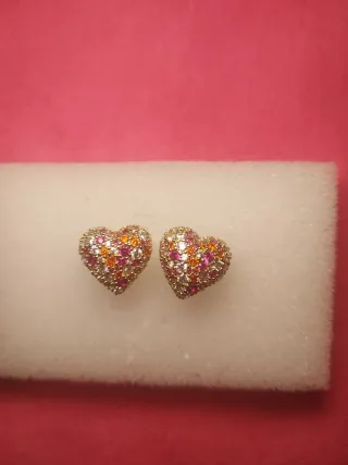 Pendientes Corazón Brillantes Dorados y Rosas