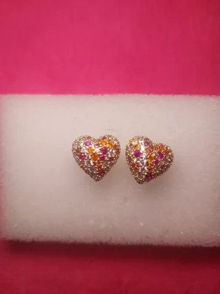 Pendientes Corazón Brillantes Dorados y Rosas