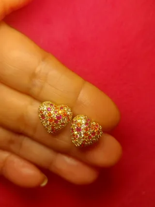 Pendientes Corazón Brillantes Dorados y Rosas