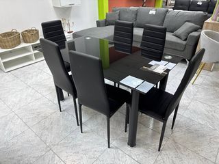 Pack Salón Negro: Mesa Comedor + 6 Sillas NUEVO