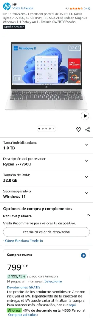 Portátil HP Ryzen 7. 32GB RAM. 1TB SSD Nuevo