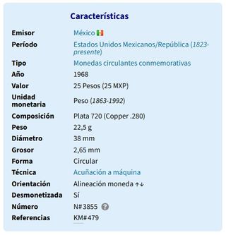 🇲🇽 México 20 Monedas 25 Pesos Olimpiada 1968