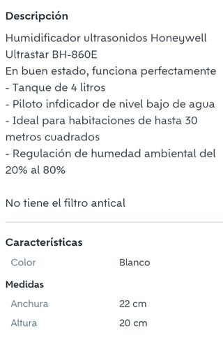 Humidificador Ultrasonidos Honeywell BH-860E