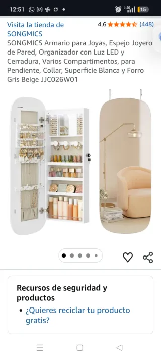 Armario Joyero SONGMICS con Espejo LED