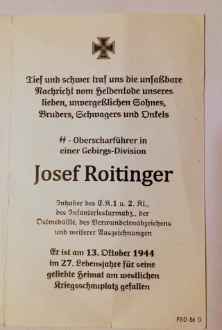 Militaria III Reich Cartão Obituário Waffen SS