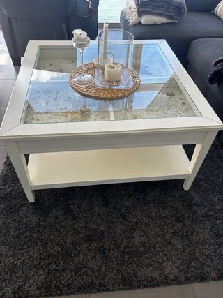 Mesa centro cristal y madera blanca