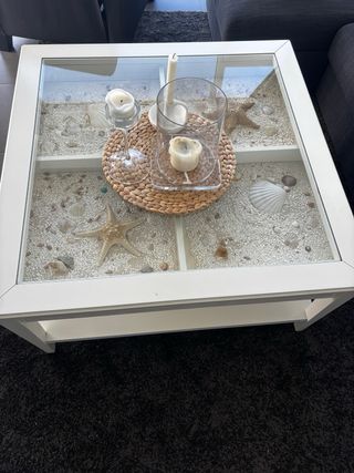 Mesa centro cristal y madera blanca