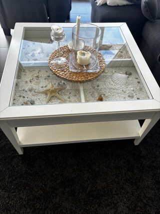 Mesa centro cristal y madera blanca