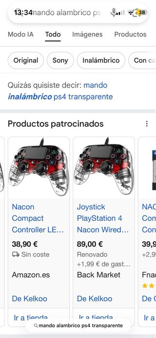 Mando PS4 Transparente Rojo y con cable