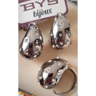 Parure BYS acciaio zirconi, orecchini, anello