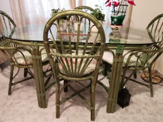 Mesa y 6 Sillas Comedor Bambú y Cristal