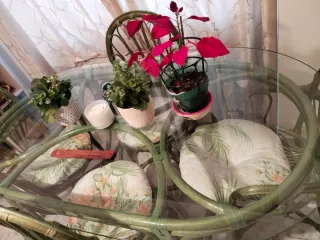 Mesa y 6 Sillas Comedor Bambú y Cristal